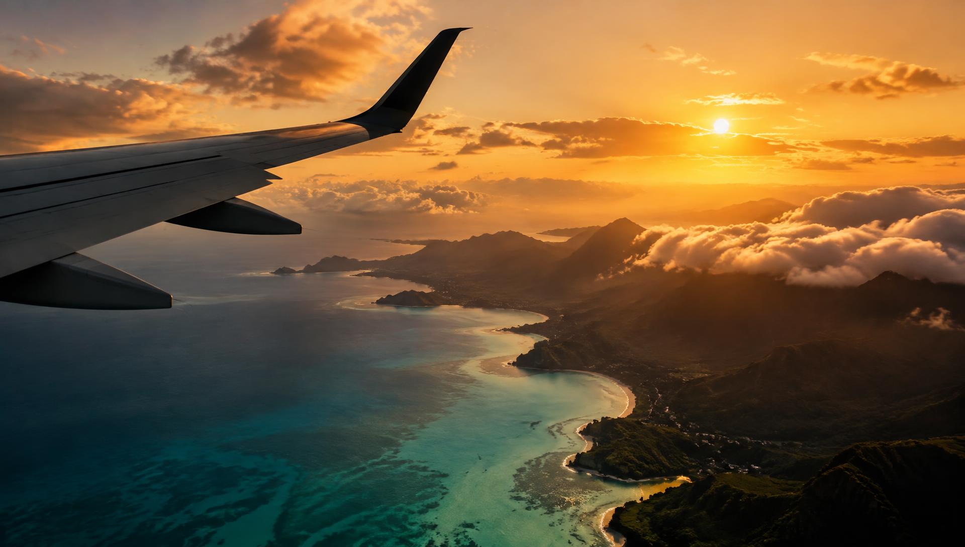 View of a coastline and sunset from an aircraft window